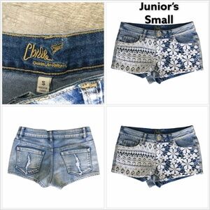 Junior’s Chiqle S Small 3 - 5 Destroyed Denim Jeans Shorts Crochet Navy Blue New